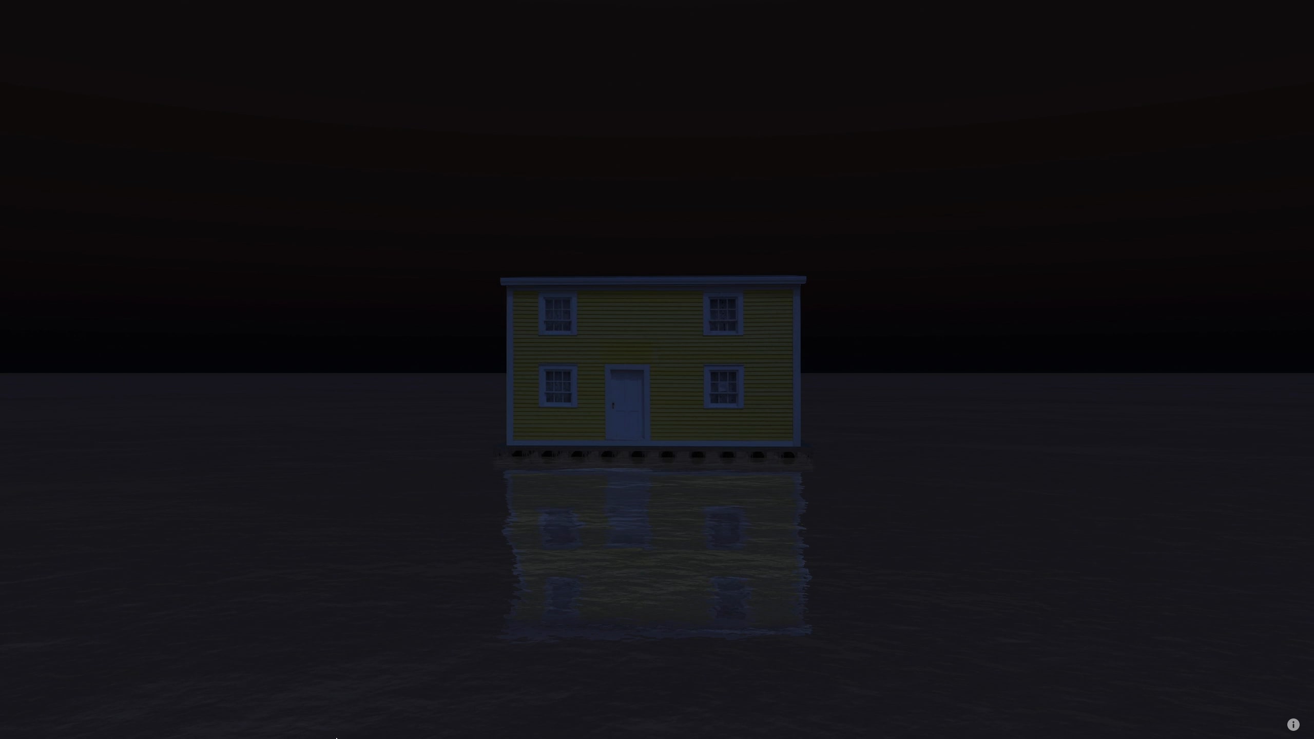Adrift, two-story yellow house floating on dark water under a black sky