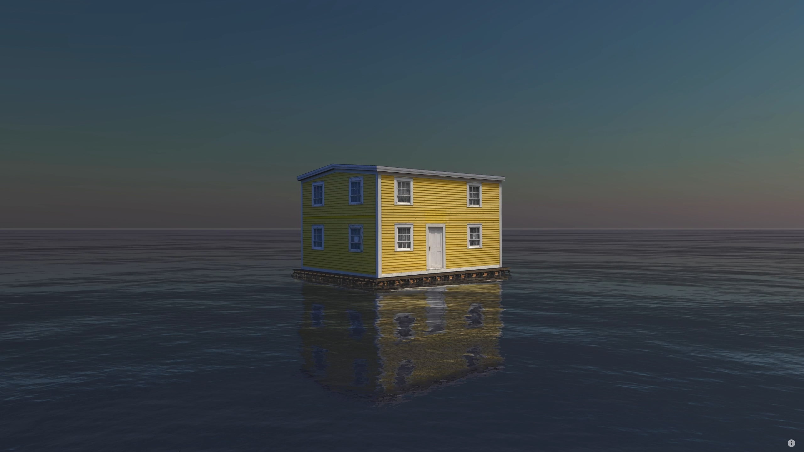 Adrift, two-story yellow house floating on the ocean at dusk