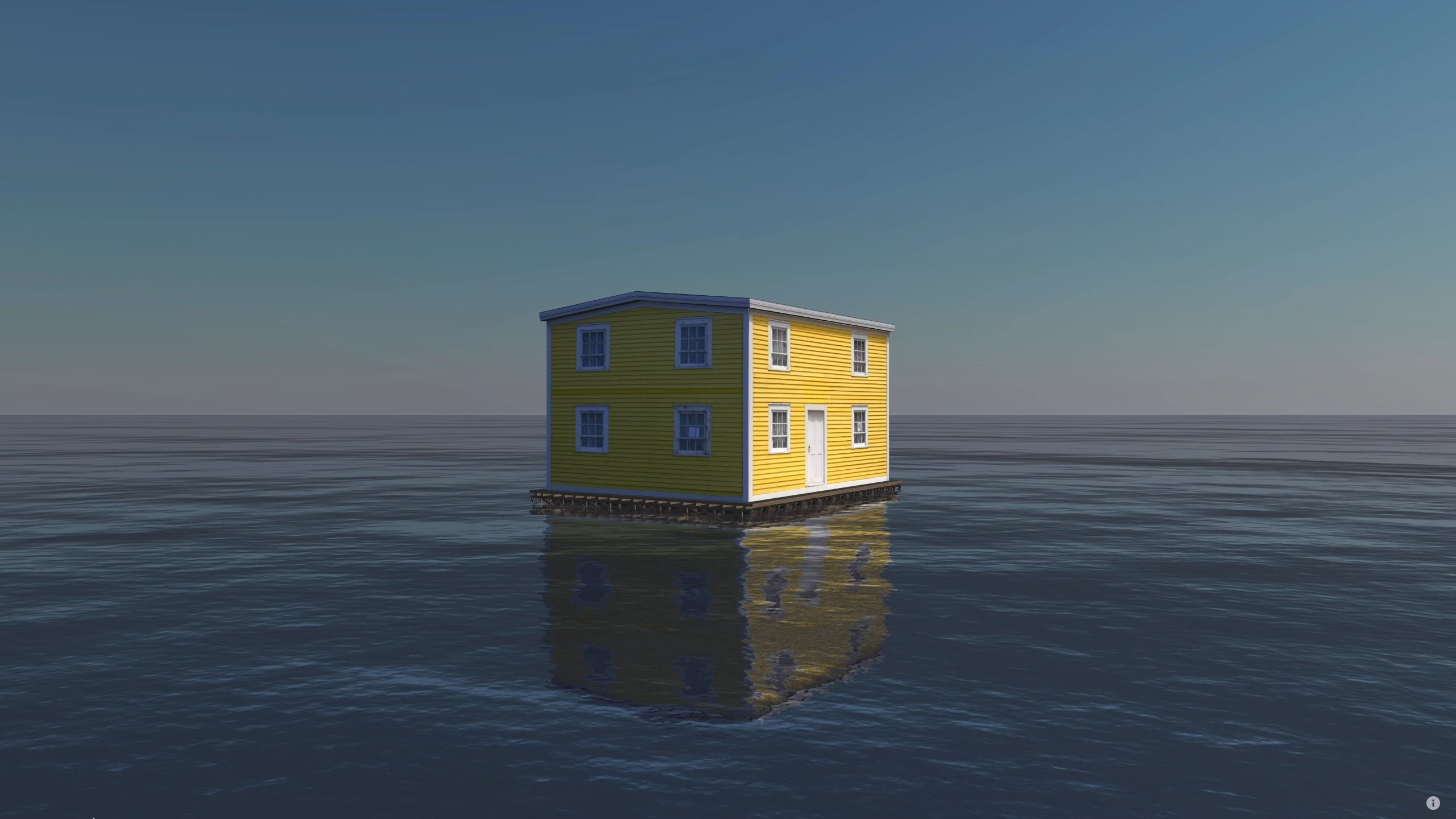 Adrift, yellow house on a wooden platform floating on calm water