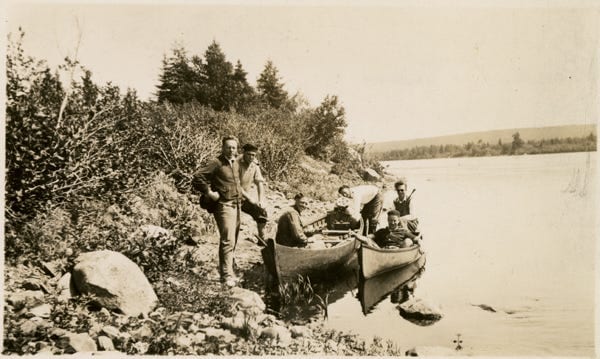 Fig. 72. Unknown. “Six Men in a Canoe and Gander River Boat.” The Rooms Archive, VA 15a-12.4, Newfoundland Tourist Development Board Collection, ca. 1930.