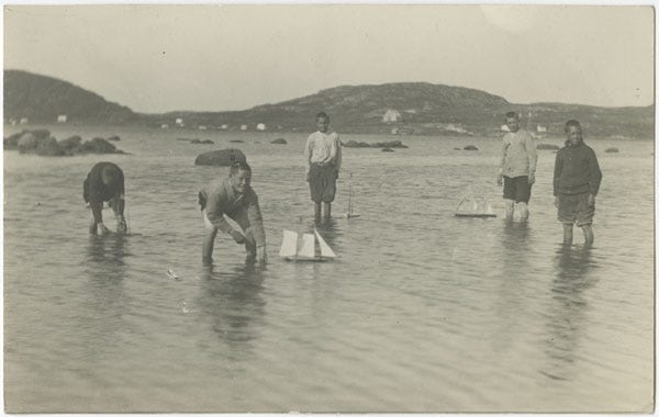 Fig. 75. Unknown. “Five Boys Sailing Model Boats, St. Anthony.” The Rooms Archive, IGA 25–237, International Grenfell Association Photograph Collection, ca. …