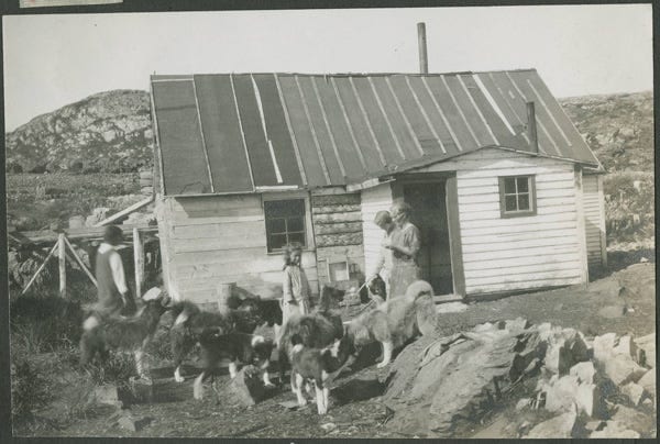 Fig. 79. Sears, Fred Coleman. “Gladys Chard and Her Home, Mother, Sisters and Dogs.” The Rooms Archive, Item VA 110–22.4, International Grenfell Photograph A…